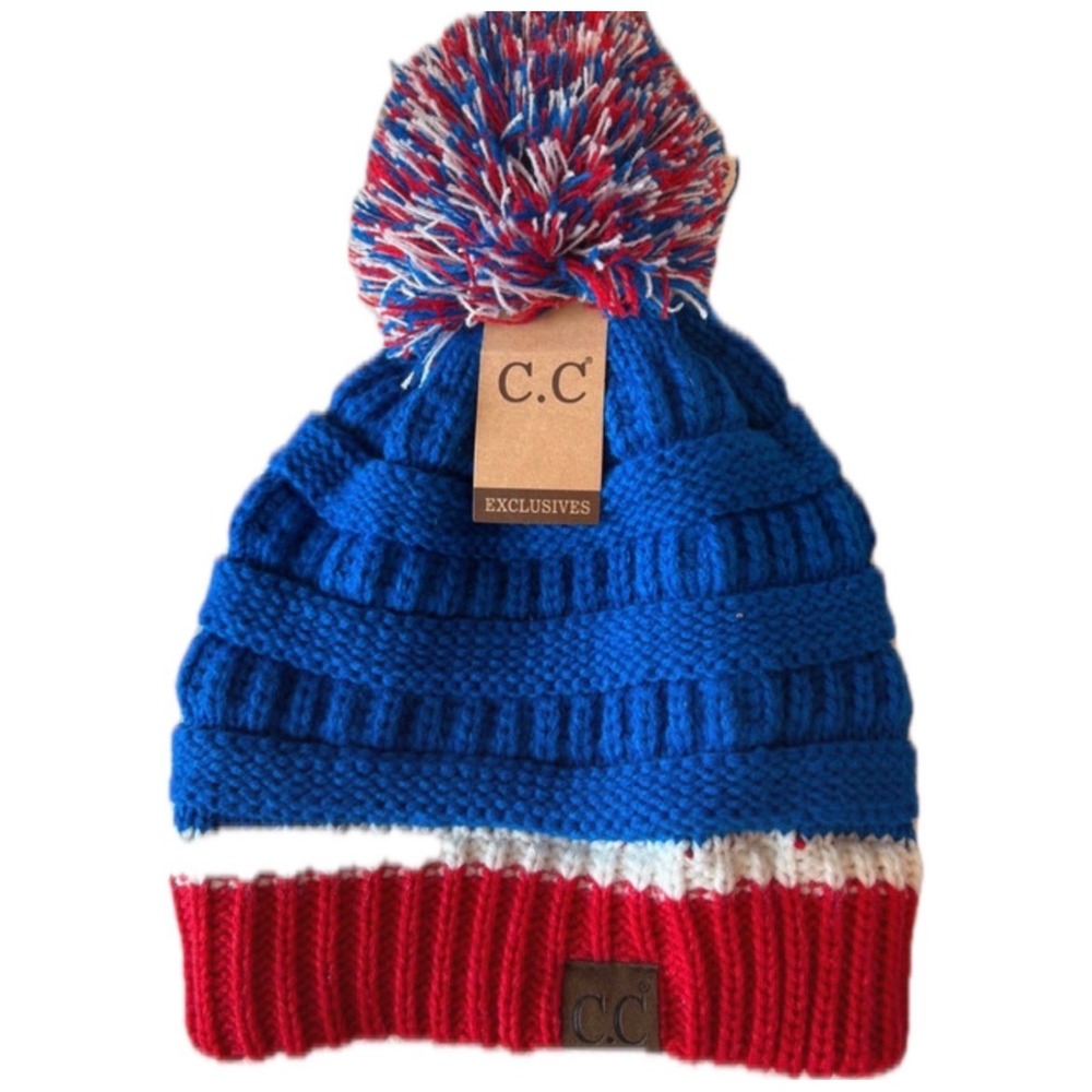 C.C Beanie Women OS Blue Red White NEW Pom Pom Cable Knit Hat HC-816-MET-32